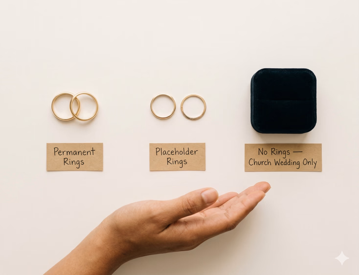 An editorial flat-lay on a warm white surface displaying three ring options in a horizontal row, each with a small kraft paper label. On the left, two matching plain 14k yellow gold bands are labeled 'Permanent Rings.' In the center, two slimmer, simpler plain gold bands — one slightly worn — are labeled 'Placeholder Rings.' On the right, an empty dark velvet ring pillow is labeled 'No Rings — Church Wedding Only.' A Filipino woman's hand with warm morena skin enters from the bottom, hovering open-palmed above all three options as if in genuine consideration, without pointing to any one choice. Soft, even natural light from above.