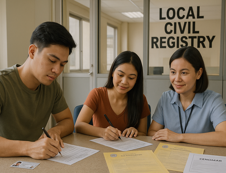 Young Filipino couple submitting IDs and PSA documents at a Local Civil Registry counter