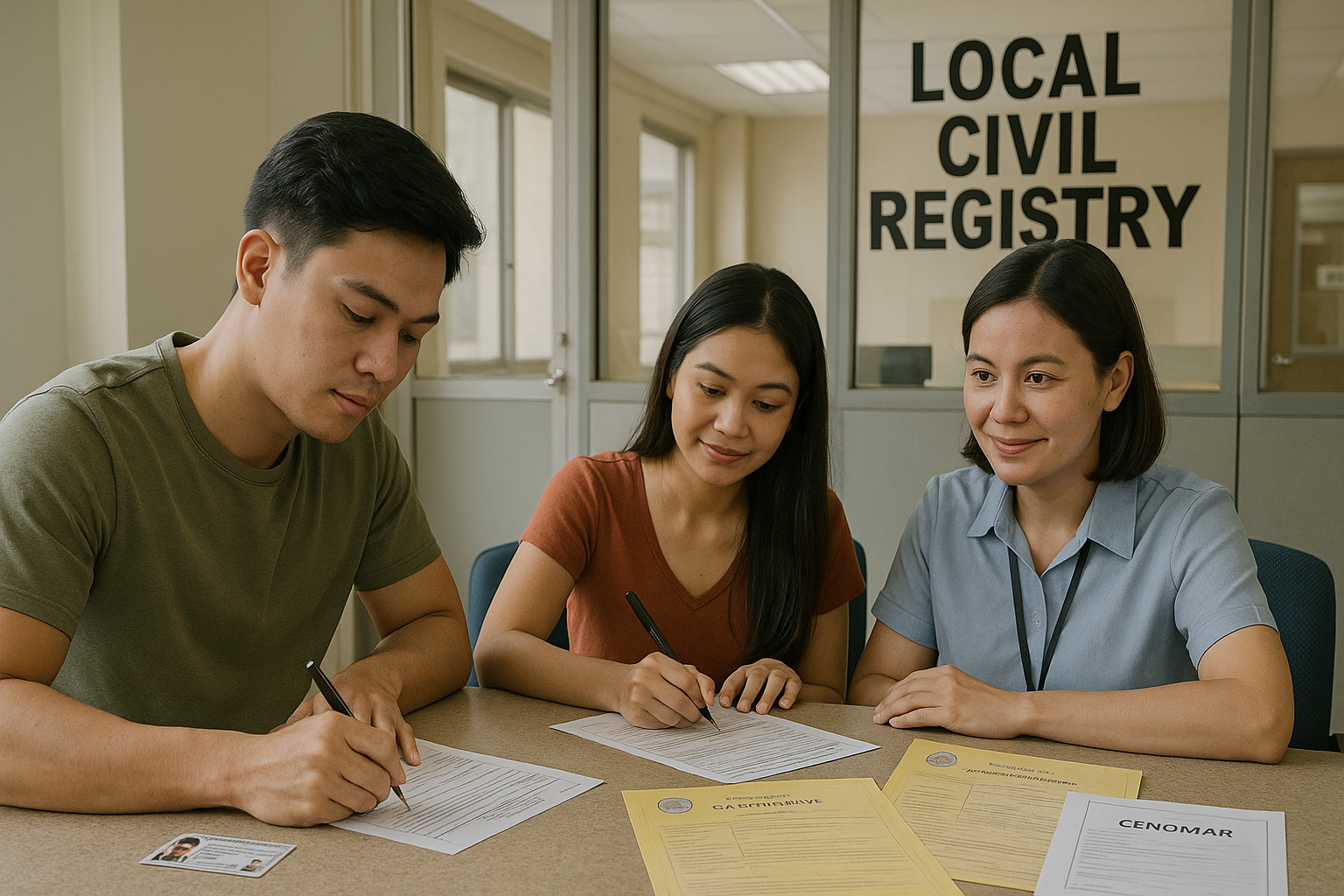 Young Filipino couple submitting IDs and PSA documents at a Local Civil Registry counter