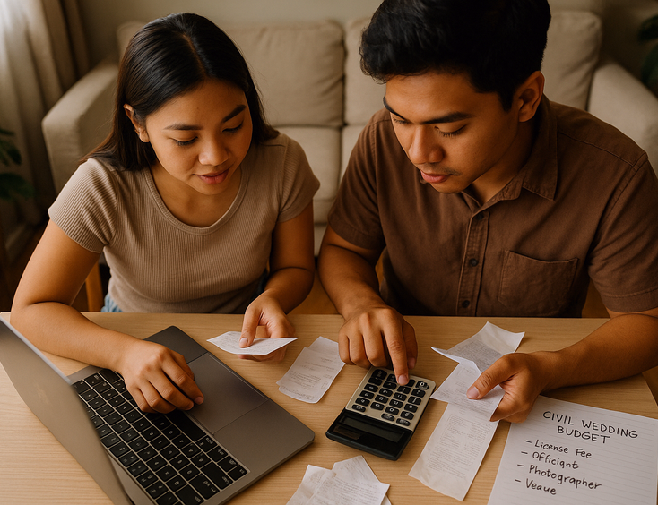 Young Filipino couple reviewing receipts and a budget list for a civil wedding at home