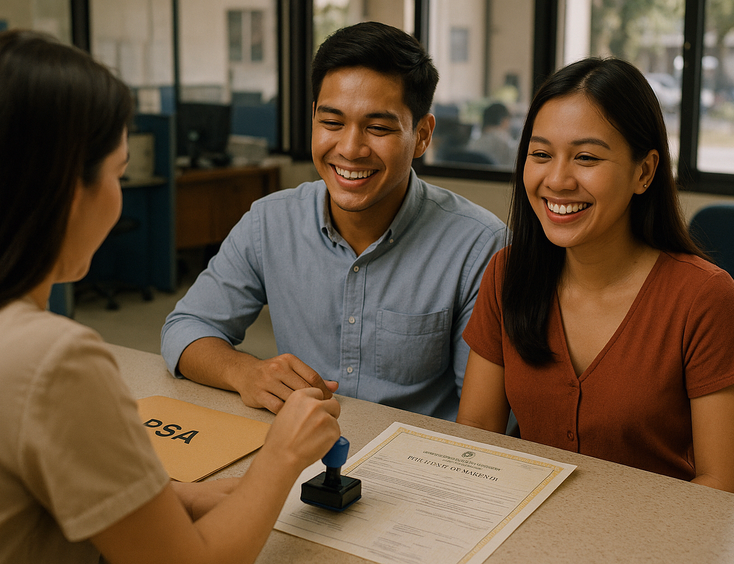 Young Filipino couple receiving a PSA marriage certificate from a government clerk