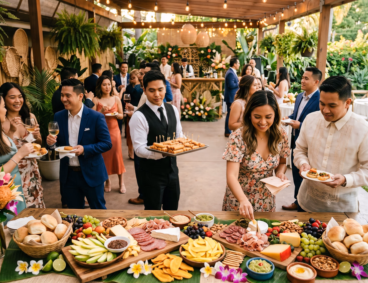 Filipino wedding cocktail hour grazing table with cheese, cold cuts, pandesal, green mango, and lumpiang shanghai passed by a server through guests in semi-formal attire under string lights on a covered patio