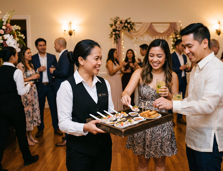 Filipino server presenting a tray of kinilaw in ceramic spoons and lumpiang shanghai on bamboo picks to cocktail-attired guests during a Filipino wedding cocktail hour in a warmly lit intimate venue