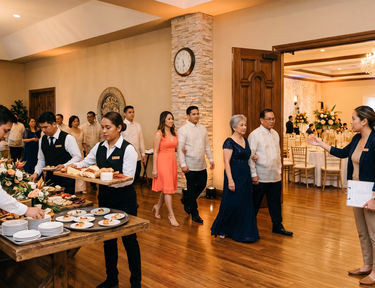 Filipino wedding venue mid-transition from cocktail hour to reception with catering staff clearing a grazing table while a coordinator directs guests toward the main hall at 5:45 PM