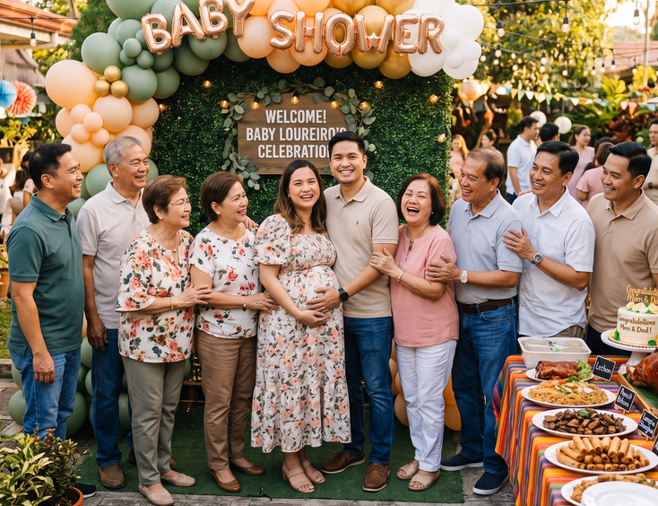 An expecting Filipino couple celebrates a coed baby shower with extended family of dads, titos, and lolas near a festive food spread.