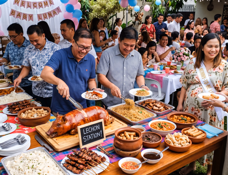 A hearty food spread at a Filipino coed baby shower featuring a long table with rice, grilled meats, and a lechon station as titos serve themselves.