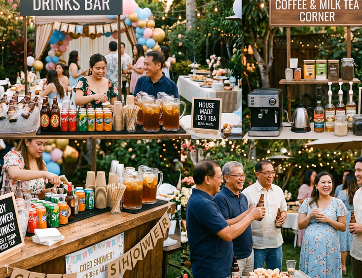 A social drinks bar at a Filipino coed baby shower offers beer, soda, iced tea, and a coffee corner while guests and a couple mingle nearby.