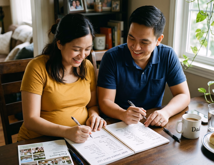 Expecting Filipino couple collaboratively builds a two-sided coed baby shower guest list, writing names from both families in a notebook.