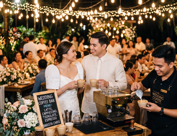 Filipino male barista in black apron pouring latte art into a ceramic cup at a rustic wooden barista cart as a Filipino bride in a modern terno gown and groom in cream barong tagalog hold lattes and smile at each other at a Filipino wedding reception at night with Edison bulb string lights
