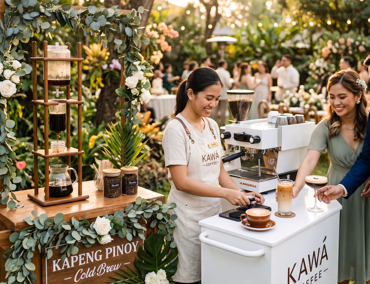 Filipino female barista in cream apron operating a portable espresso machine beside a cold brew glass tower on a eucalyptus-draped wooden cart with a hot cappuccino, iced Spanish latte, and espresso martini on the counter as two Filipino guests reach for drinks at an outdoor garden wedding during golden hour