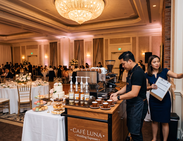 Filipino male barista arranging cups beside an espresso machine and syrup caddy on a barista cart next to a dessert table with cake and macarons as a Filipino female wedding coordinator in a navy dress holds a clipboard in a Filipino wedding reception ballroom with a crystal chandelier overhead