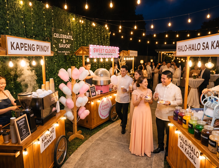 Wide shot of a Filipino wedding reception food market at night with three carts in a curved arrangement featuring a barista station with a Filipino female barista, a cotton candy station with pink and white cones, and a halo-halo station with a Filipino male attendant shaving ice as formally dressed guests mingle under string lights with a fairy light greenery wall backdrop