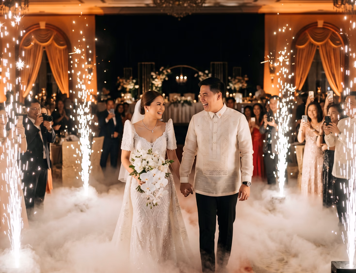 Filipino bride and groom grand entrance with cold spark fountains, low-lying fog, and amber uplighting as guests cheer in hotel ballroom