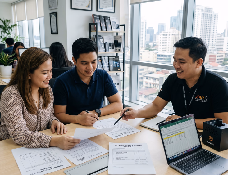 Filipino couple reviewing lights and sounds quotation with supplier in modern office with cold spark machine sample on table
