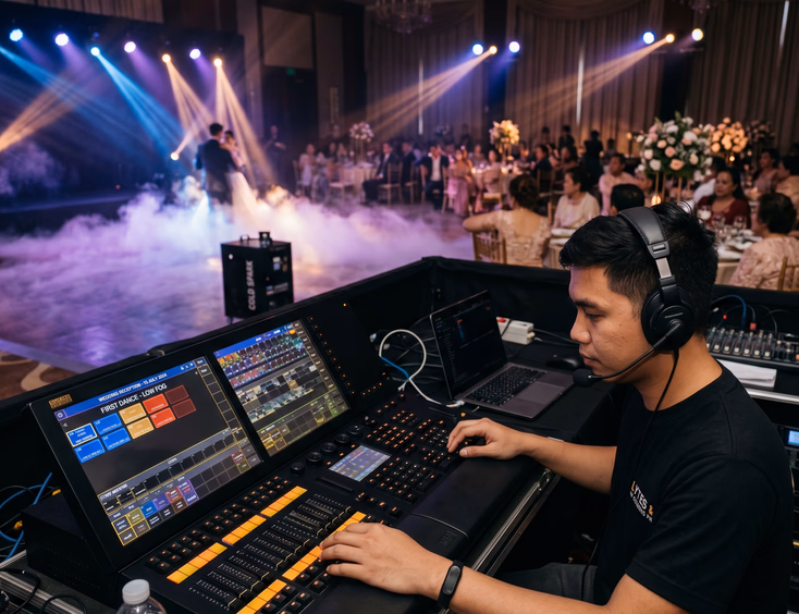 Filipino lights and sounds technician operating lighting console at back of ballroom with fog, cold spark machines, and moving head lights visible on dance floor