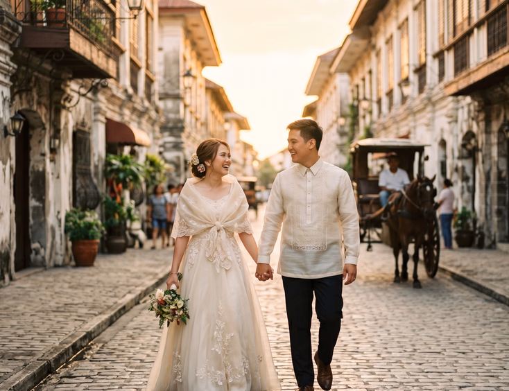 Filipino couple in a Maria Clara gown and barong tagalog walking down a Spanish-era cobblestone street for a heritage prenup shoot.