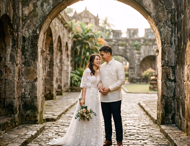 Filipino couple in a Maria Clara gown and barong tagalog walking down a Spanish-era cobblestone street for a heritage prenup shoot.