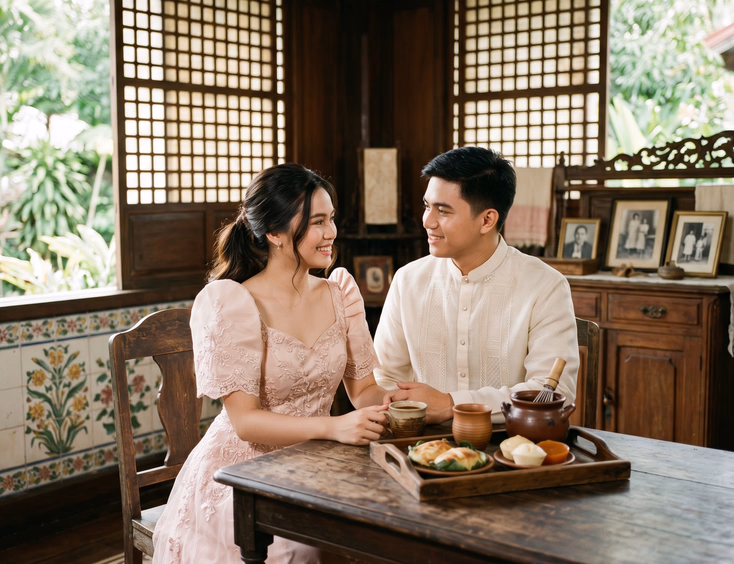 Filipino couple in traditional prenup attire inside a preserved heritage ancestral home in Iloilo.