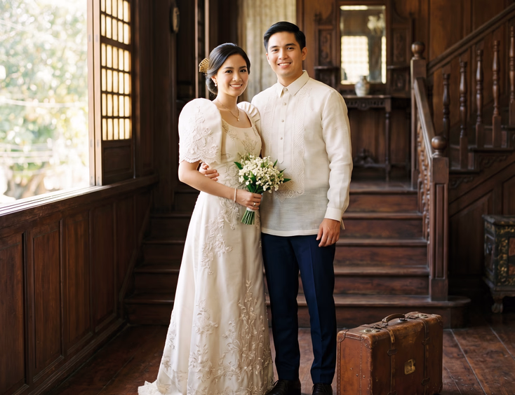 Filipino couple in an ivory Maria Clara gown and piña barong inside a Spanish-era heritage home.