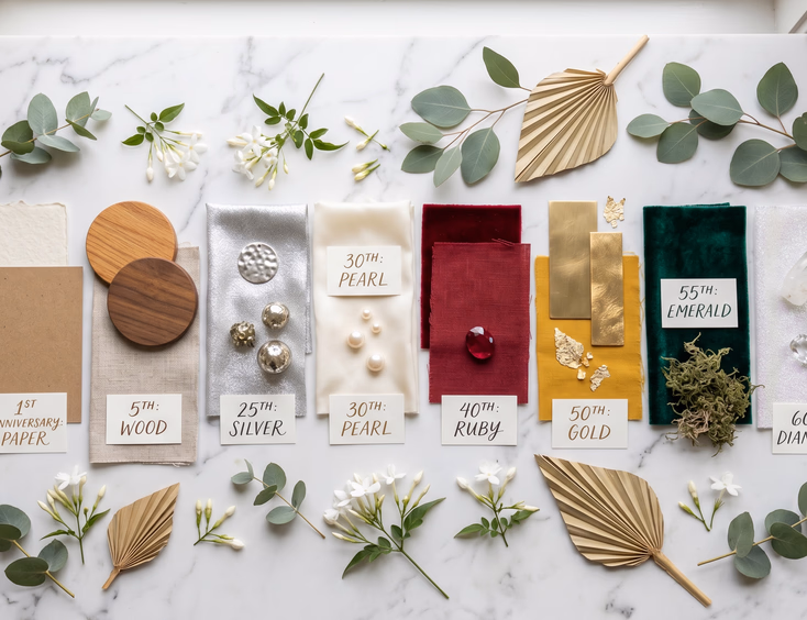 Styled flat-lay of milestone anniversary color palette swatches with calligraphed labels on a marble surface.