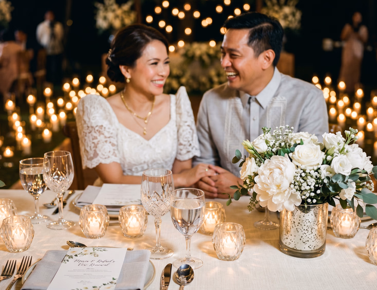 Candlelit Filipino vow renewal tablescape with white flowers, crystal stemware, and a smiling couple in modern attire.