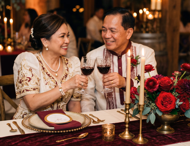 Deep burgundy and gold themed Filipino vow renewal tablescape with a mature couple toasting by candlelight.