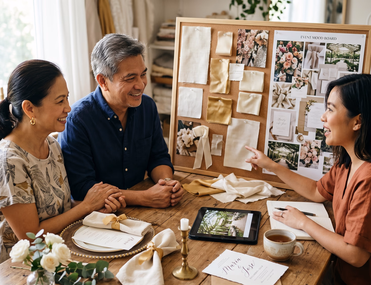 Filipino couple in their 50s and an event stylist collaborating on a cream and gold wedding mood board.