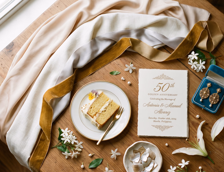 Flat lay on a wooden table showing a Filipino anniversary color palette with fabric swatches, an invitation, and sampaguita flowers.