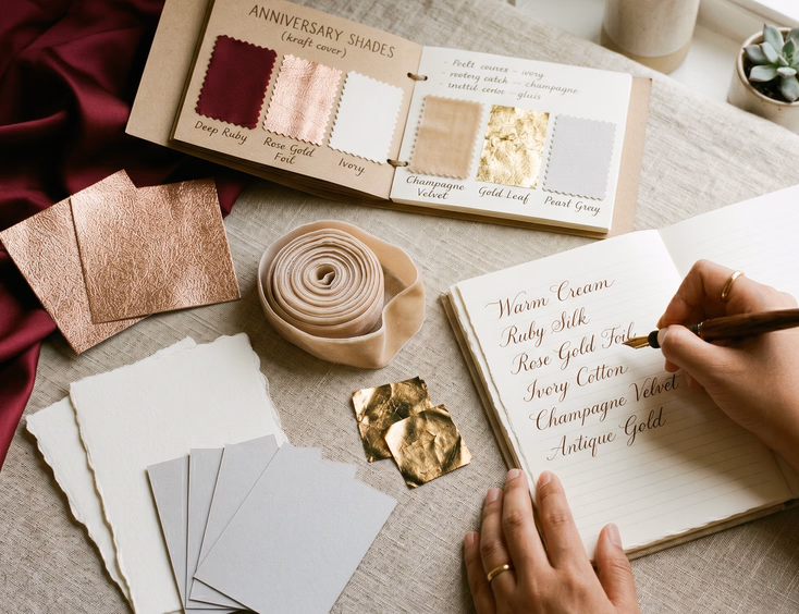 Close-up flat lay of anniversary color palette textures with a calligrapher writing color names on a notebook.