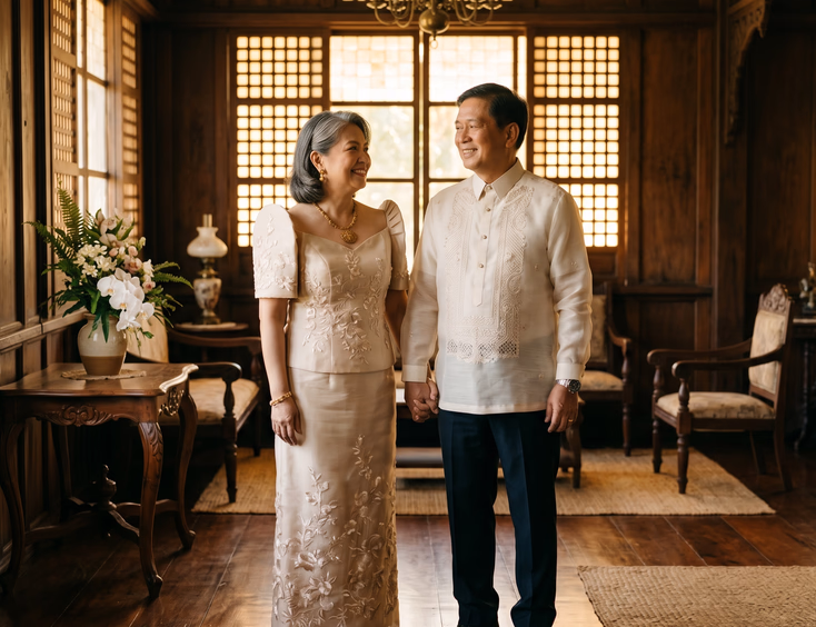 Filipino couple in their 60s wearing a modern champagne terno and cream barong tagalog inside a heritage ancestral home.