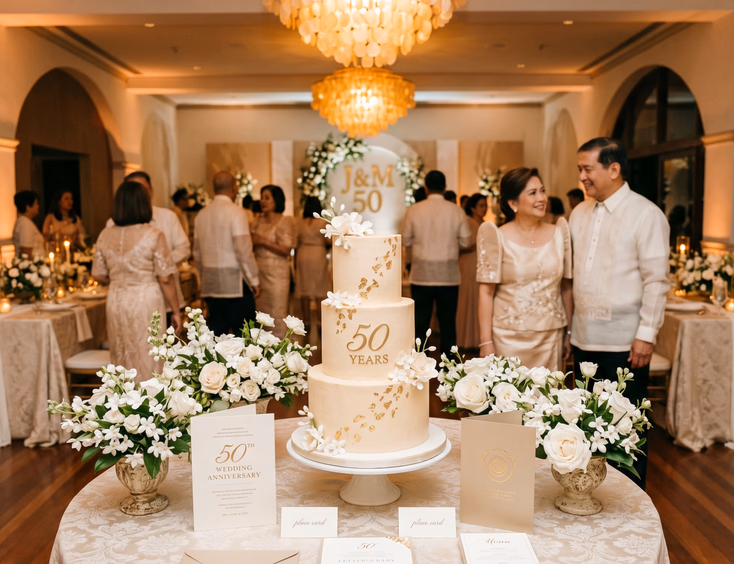 Champagne-colored three-tier anniversary cake at a beautifully styled Filipino milestone celebration reception.