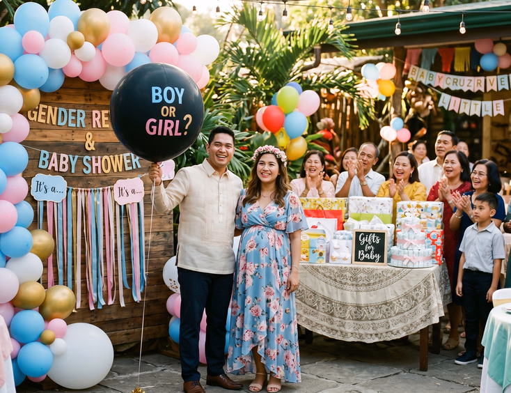 A joyful Filipino couple stands at their combined gender reveal and baby shower party, where a balloon reveal setup sits beside a gift table in a festive, warm room.