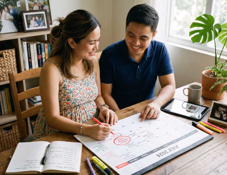 An organized Filipino couple carefully plans their combined gender reveal and baby shower, marking a calendar with soft daylight while the expectant mother shows a small bump.