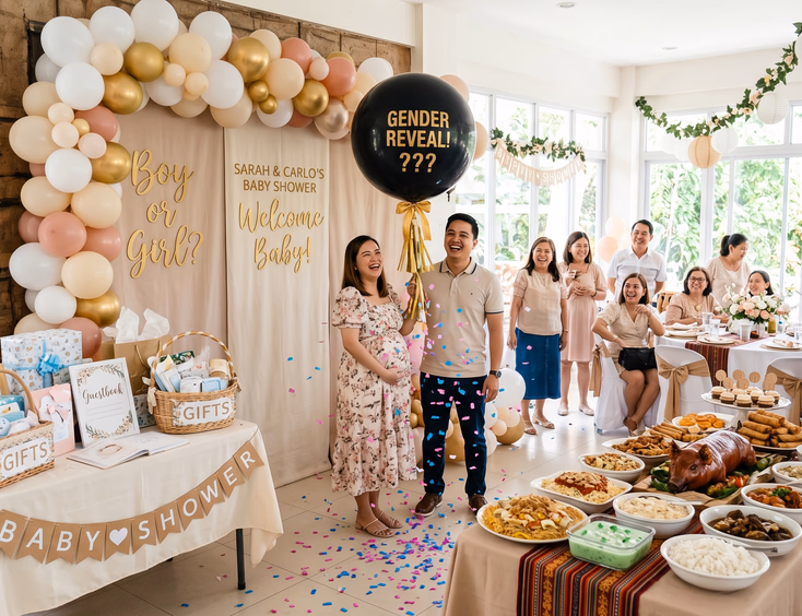 A cohesive Filipino combined gender reveal and baby shower setup features a neutral backdrop with a reveal balloon, a gift table, and a food spread in a bright room.