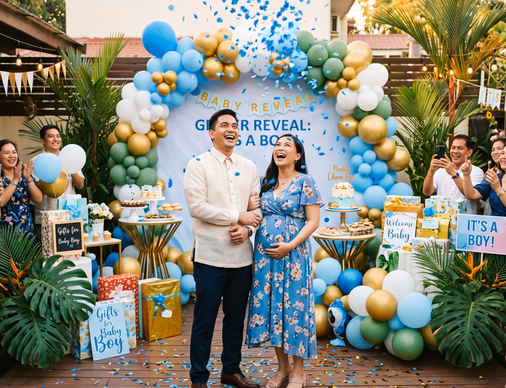 A joyful Filipino couple is surrounded by bursting confetti during the reveal moment of their combined party, as gifts and baby shower decorations fill the warm afternoon space.