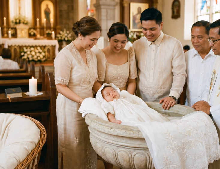 A sleeping Filipino newborn baby lies next to a traditional white baptismal gown representing the christening milestone in warm, soft light.