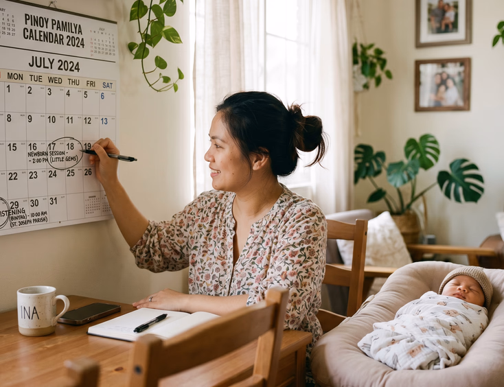 An organized Filipino mother marks dates for a newborn photo session and christening on a calendar in soft daylight with her baby nearby.