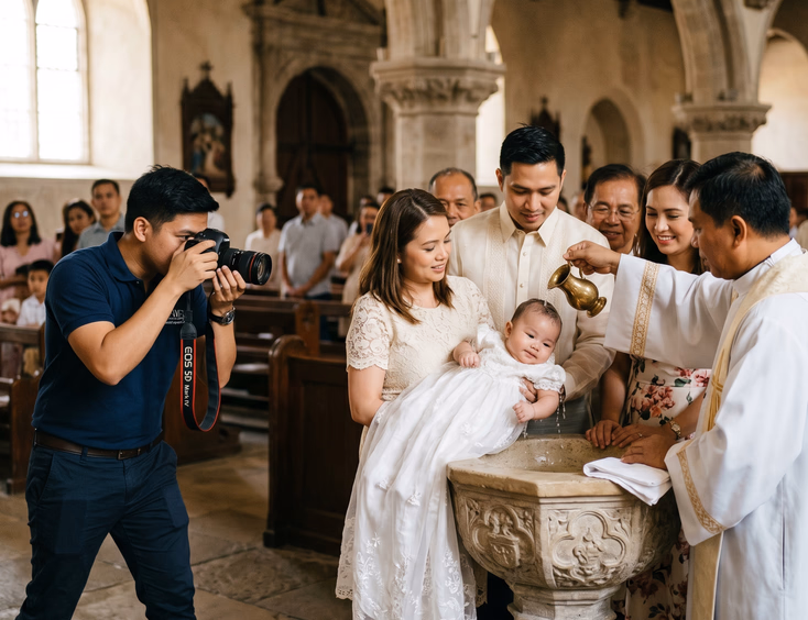 A Filipino photographer takes a candid photo of a baby in a white baptismal gown surrounded by godparents at a church font in soft light.