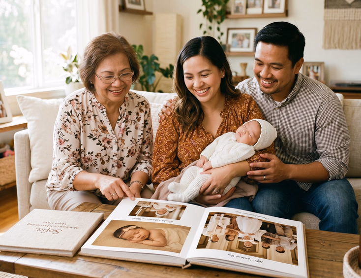 A proud Filipino family holds their baby while viewing a cohesive photo album filled with matched newborn and christening pictures in warm light.