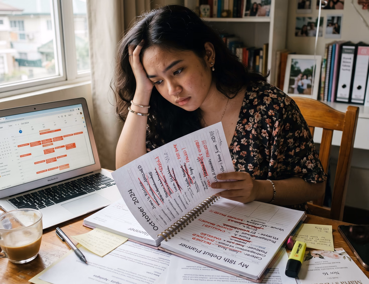 Stressed Filipina debutante reviews a messy planner with missed deadlines and rejection emails on a laptop calendar at a desk.