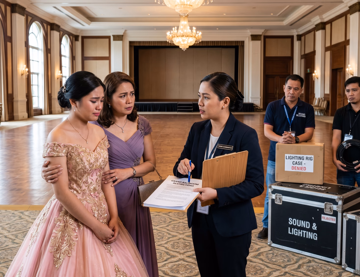 Concerned Filipina debutante and mother discuss restrictions with a venue coordinator in an empty hotel ballroom with tense suppliers.
