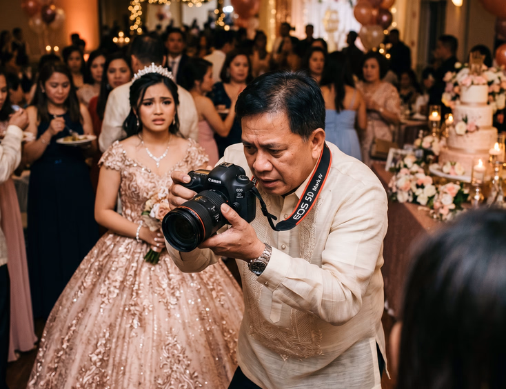 A worried Filipina debutante in a ball gown watches her Filipino uncle awkwardly handle a DSLR camera amidst a chaotic celebration.