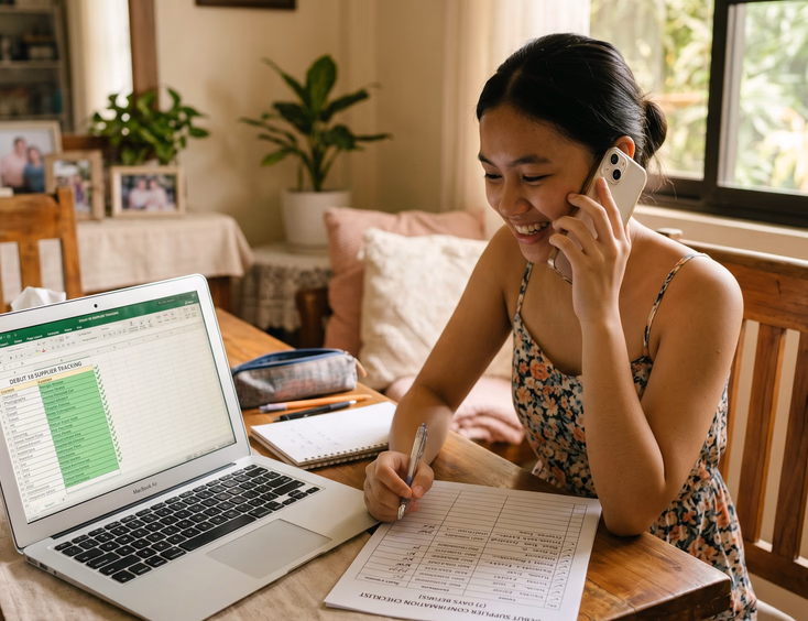 Filipina debutante makes confirmation calls to suppliers on her phone while checking a spreadsheet and checklist before her event.