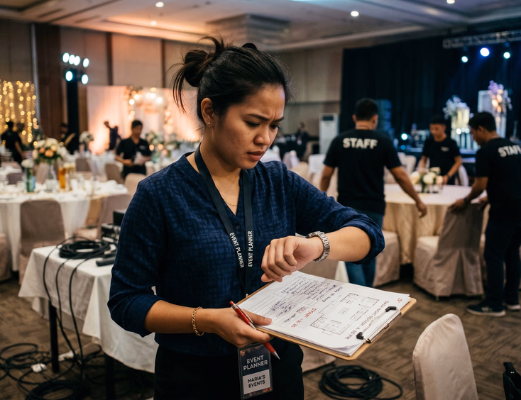 A stressed Filipino events planner looks at her watch and clipboard at a half-setup event venue while staff arrange tables.