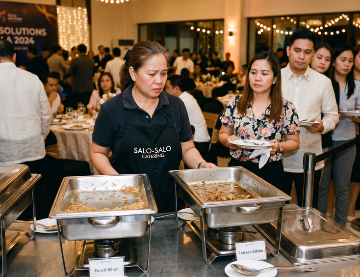 A concerned Filipino caterer looks at a nearly empty buffet station as a line of waiting Filipino guests stands nearby at a company event.