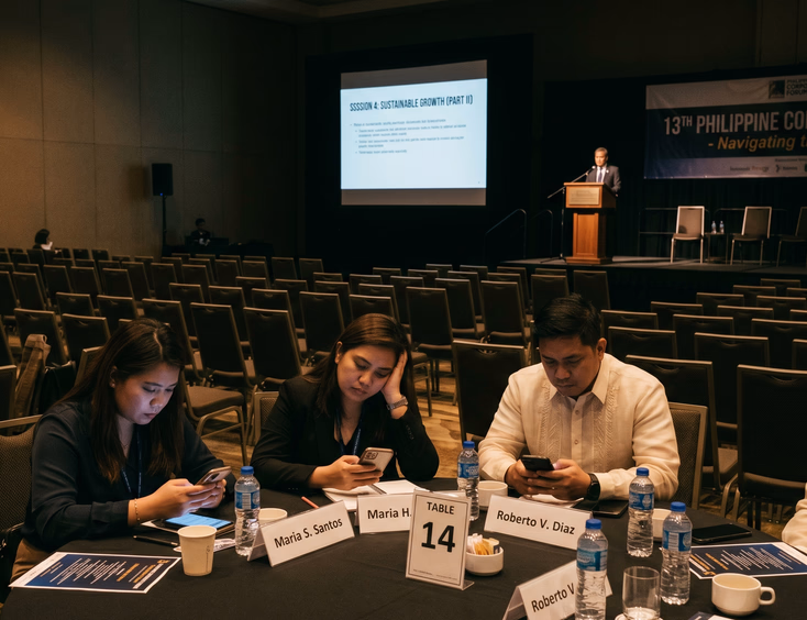 Tired Filipino guests check their phones during a long corporate event program with half-empty seats visible in the audience.