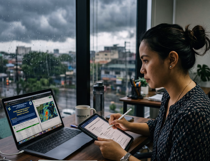 A Filipino events planner reviews a contingency plan on a tablet at a desk with a weather forecast and backup suppliers visible on a laptop.