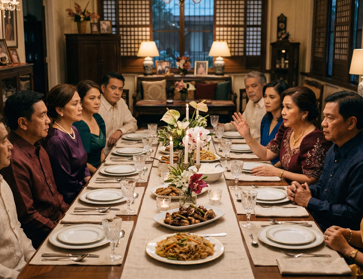 Two Filipino families seated across from each other at a formally set table in a warmly lit traditional Filipino home, with an older woman gesturing while speaking and others listening with polite but slightly tense expressions