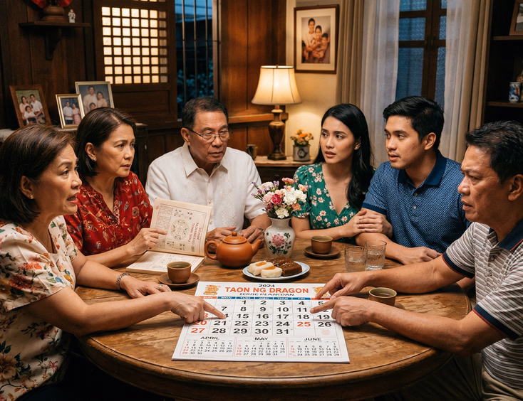 Filipino couple in their late 20s sitting at a dining table with both sets of parents gathered around a printed calendar and Chinese almanac, two parents pointing at different dates in apparent disagreement