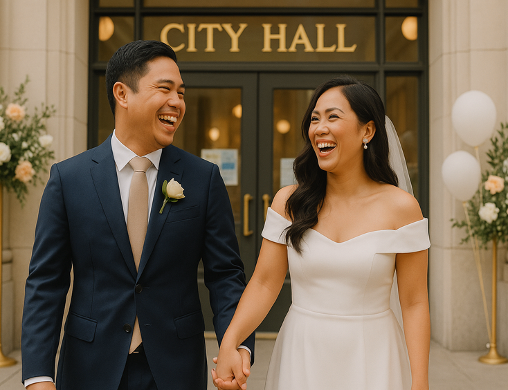 Happy Filipino couple outside city hall after their civil wedding ceremony.